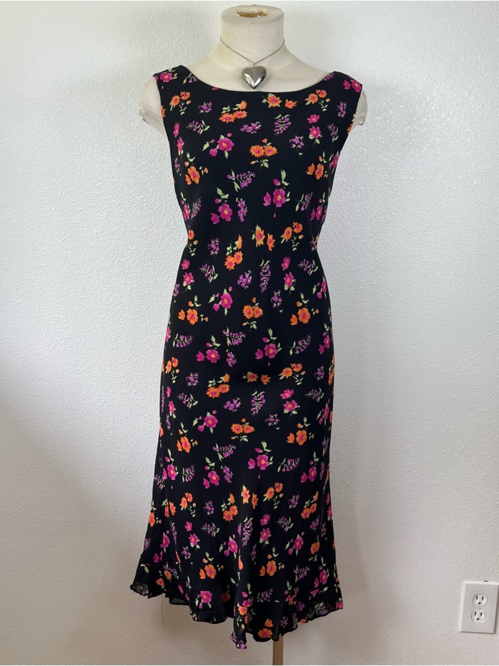 Women's Black Floral Midi Dress with Pink & Orange Blooms
